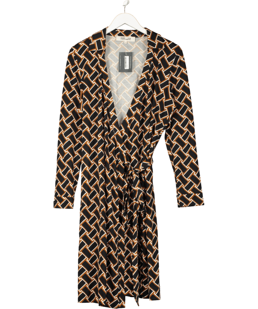 Diane von Furstenberg Black Silk Printed Wrap Midi Dress UK 14