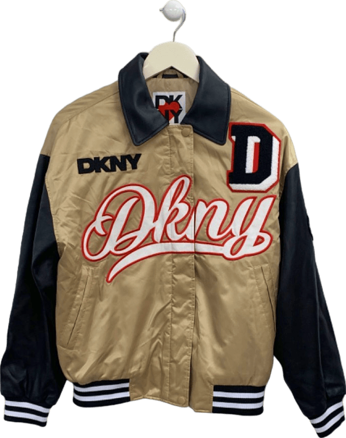 DKNY Beige Black Satin Varsity Jacket UK S - Reliked