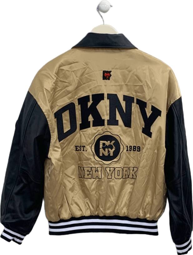 DKNY Beige Black Satin Varsity Jacket UK S - Reliked