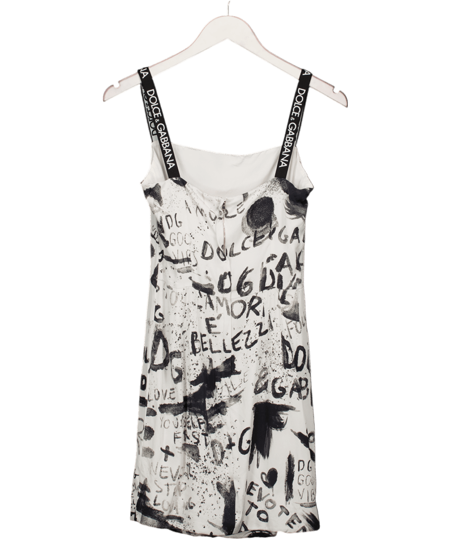 Dolce & Gabbana White Stretch Silk Logo Strap Charmeuse Mini Dress Graffiti Print It42 UK S/M - Reliked