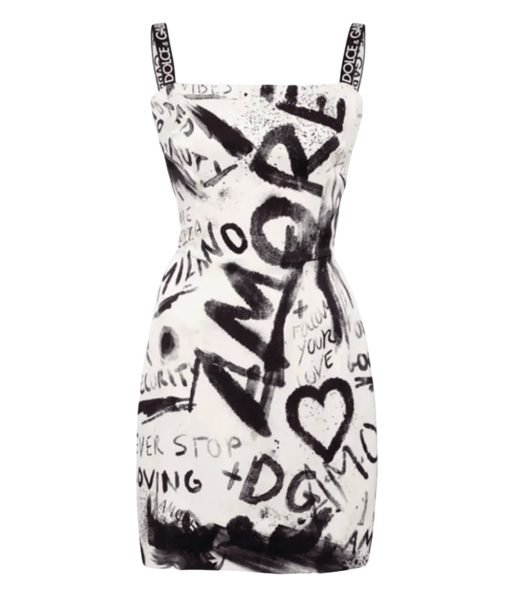 Dolce & Gabbana White Stretch Silk Logo Strap Charmeuse Mini Dress Graffiti Print It42 UK S/M - Reliked