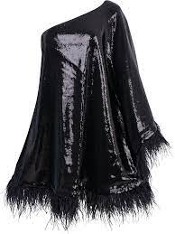 By Malina Black Andrea One Shoulder Sequin Feather Trimmed Mini Dress UK S