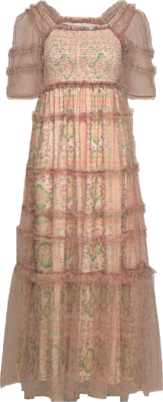 BY MALINA Pink Tulle Square Neck Shirred Bodice Maxi Dress UK S