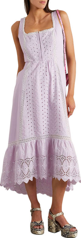 LoveShackFancy Lavender Alwyn crochet-trimmed broderie anglaise cotton-poplin midi dress UK XXS