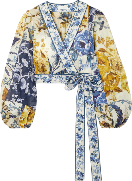 Zimmermann Aliane Cropped Floral-print Cotton-gauze Wrap Blouse - Blue Sz0p UK 4
