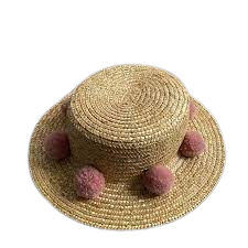 Hat Attack Beige Straw Hat With Pink Pom Poms One Size