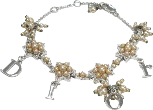 Dior Metallic Silver And Pearl Logo Charm Bracelet