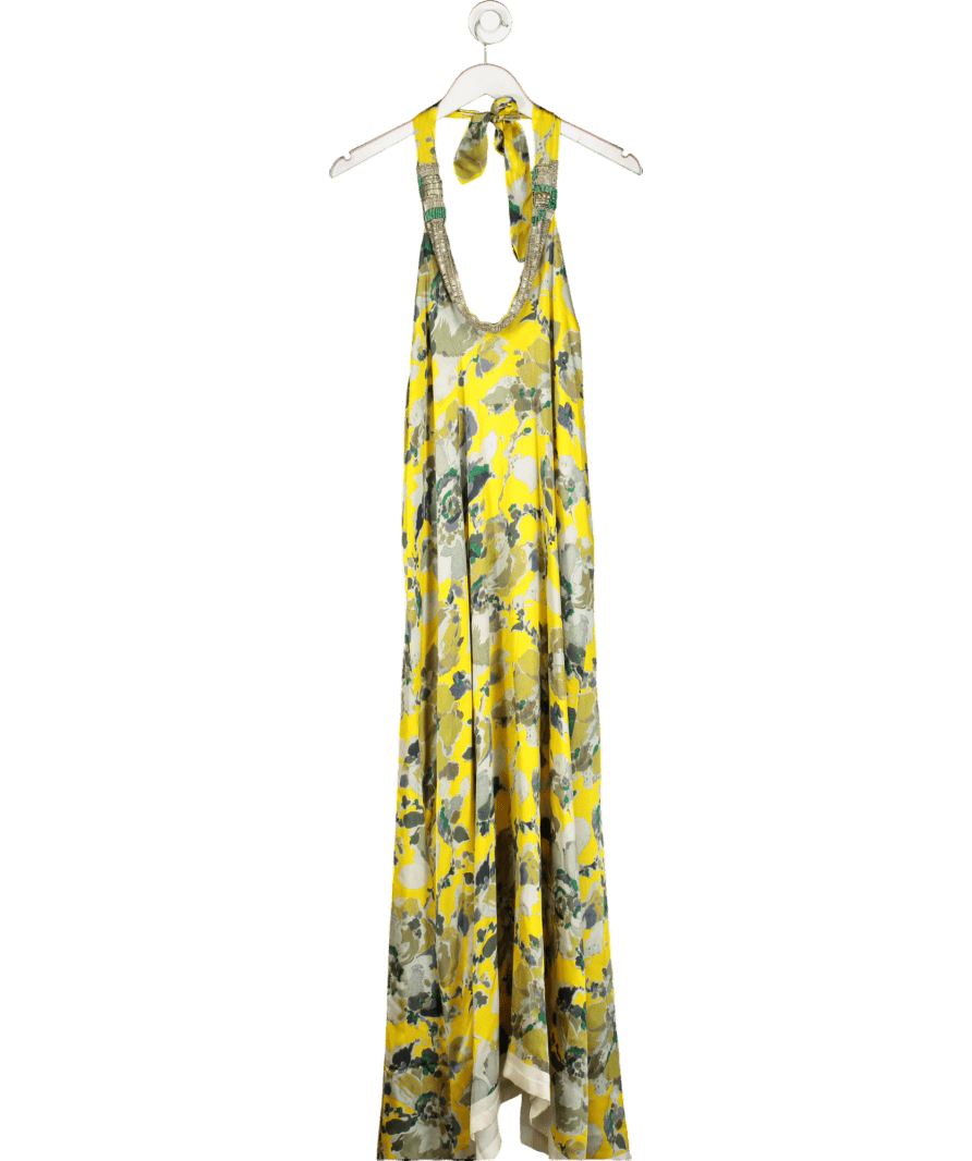 Dries Van Noten Yellow Beaded Halterneck Floral Silk Dress UK 12 - Reliked