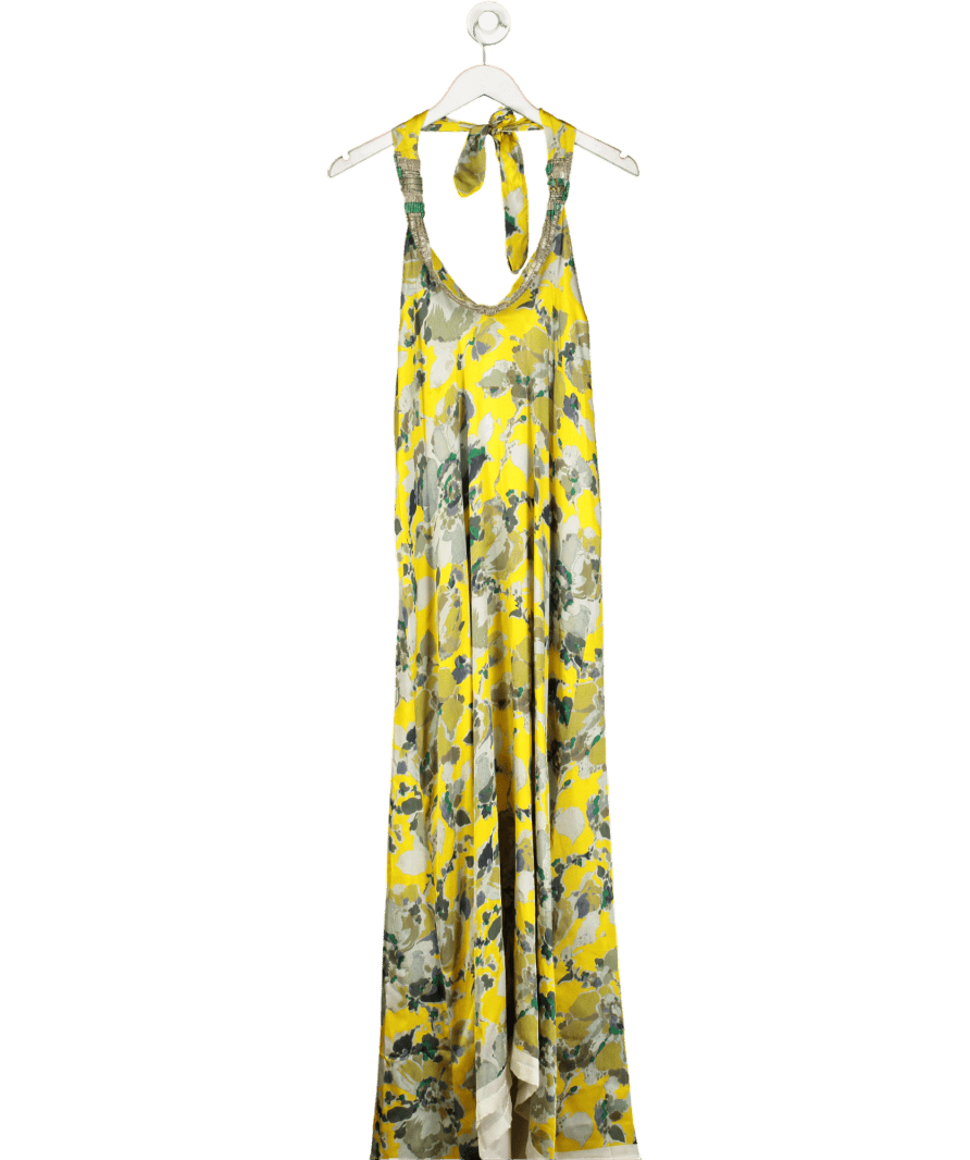 Dries Van Noten Yellow Beaded Halterneck Floral Silk Dress UK 12 - Reliked