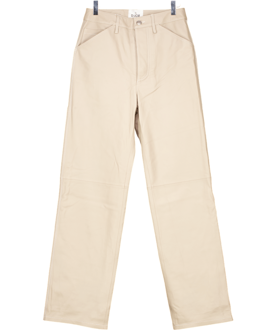 Ducie London Beige Luxury Butter Soft Leather Straight Leg Trousers UK XS - Reliked