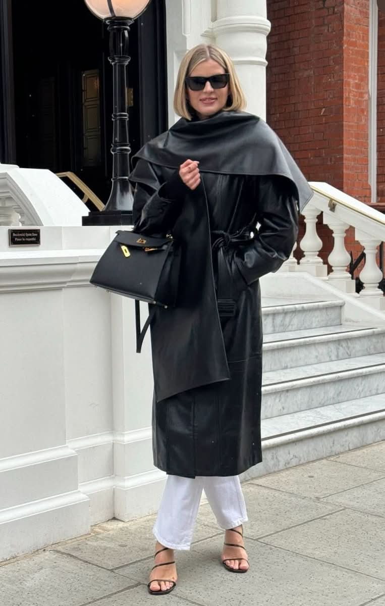 Ducie London Black Nina Leather Coat With Scarf UK M - Reliked