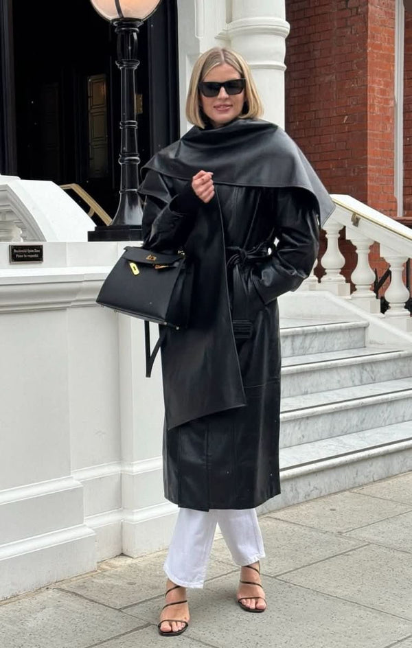 Ducie London Black Luxury Real  Leather Trench Coat With Scarf UK M