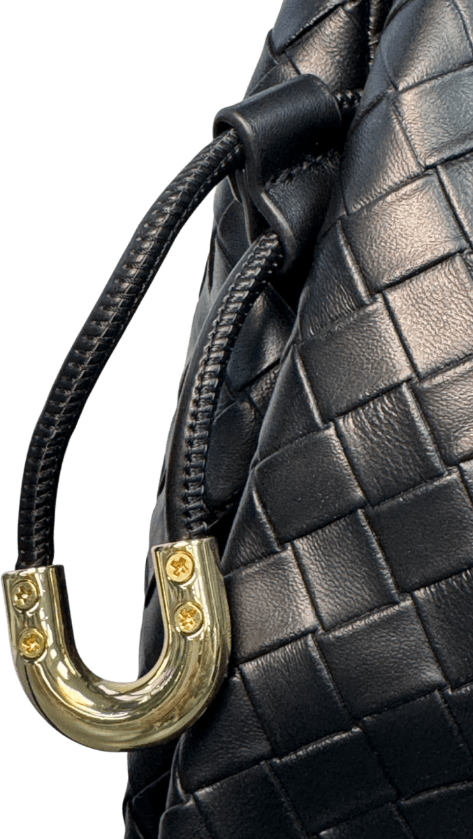 Dune Black Primrose L Woven Leather Drawstring Bag - Reliked