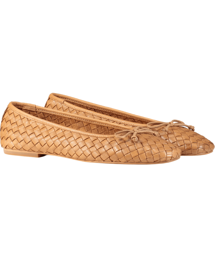 Dune Brown Heat - Tan Woven Leather Bow Detail Ballet Pumps UK 5 EU 38 👠 - Reliked