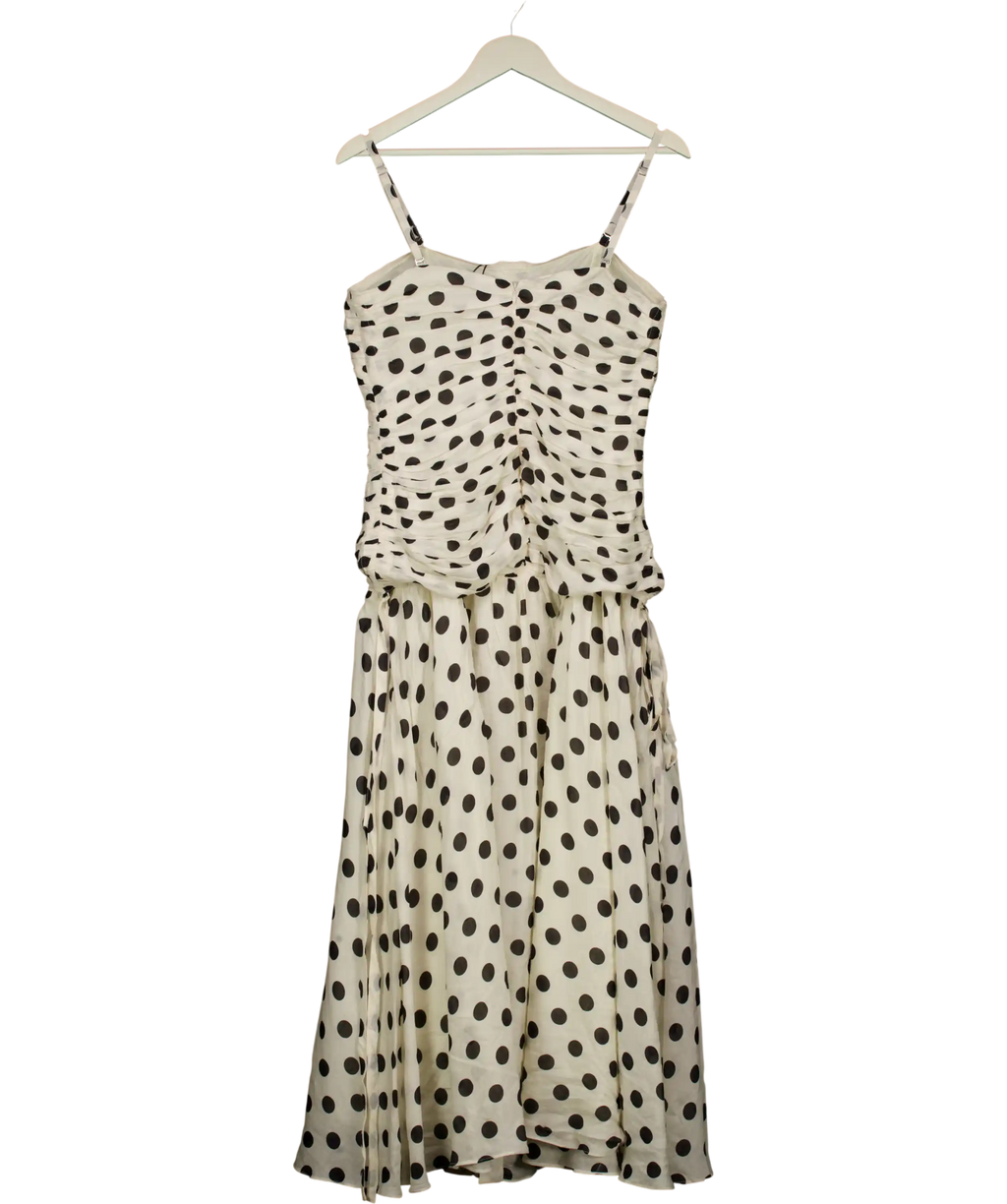 REISS White / Black Rue Viscose Linen Polka Dot Ruched Maxi Dress UK 12