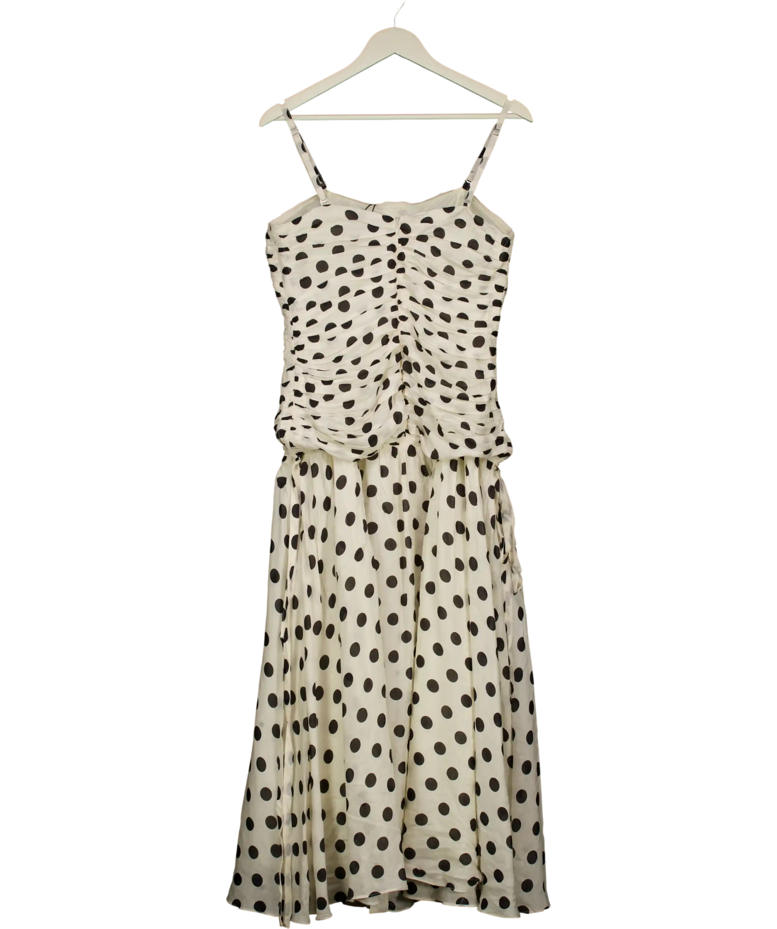 REISS White / Black Rue Viscose Linen Polka Dot Ruched Maxi Dress UK 12
