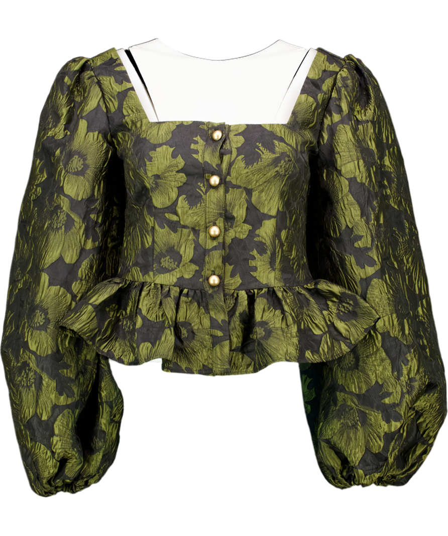ab'itu World Olive Green / Black Silk Blend Jacquard Ballon Sleeve Blouse UK M
