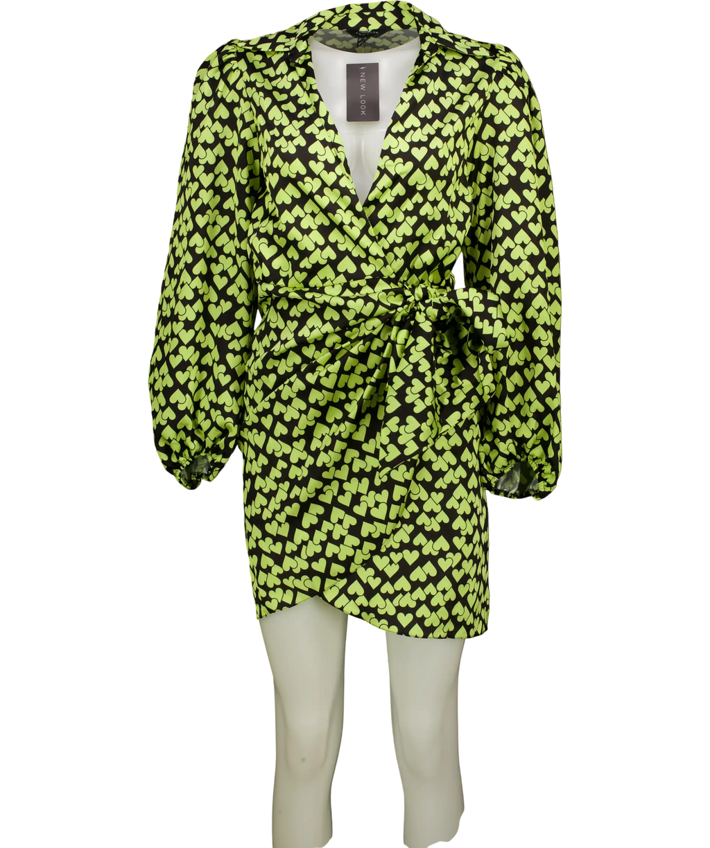 New Look Yellow Heart Print Long Sleeve Tie Waist Mini Dress UK 8