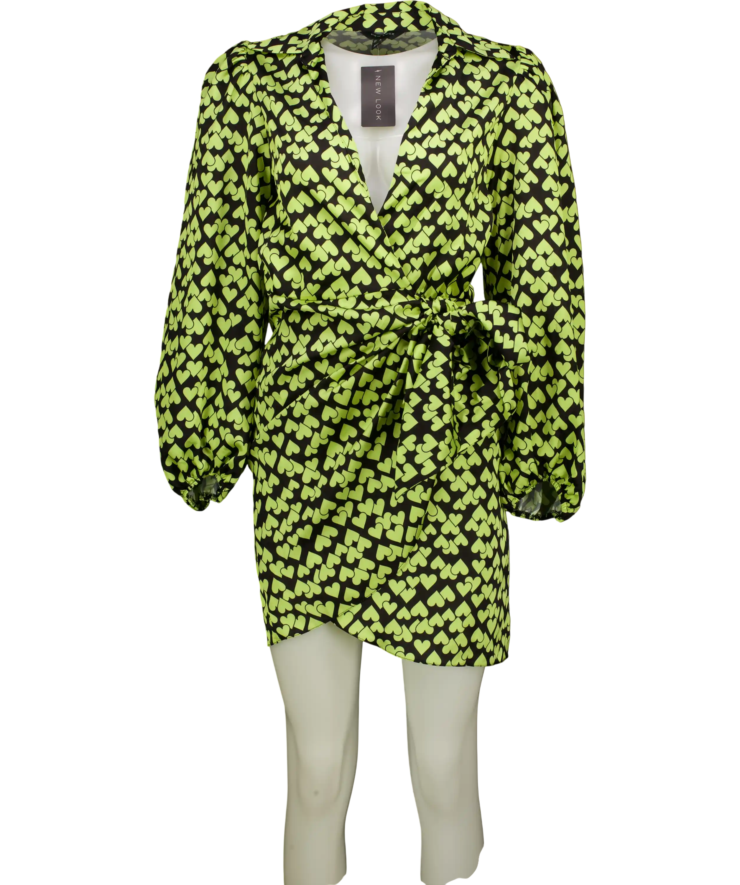 New Look Yellow Heart Print Long Sleeve Tie Waist Mini Dress UK 8