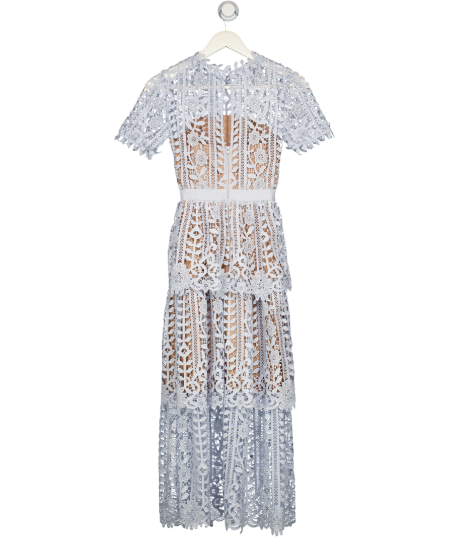 SELF PORTRAIT Blue Tiered Guipure Lace Maxi Dress UK 4