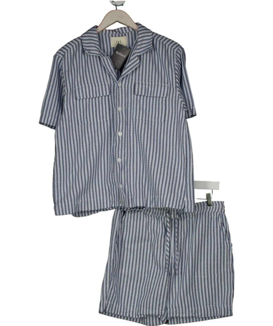 che Blue Abelardo Geo Linen Blend Shirt And Shorts Set UK M