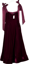 Karen Millen X Lydia Millen Burgundy Red Velvet Bardot Woven Prom Midaxi Dress With Taffeta Bow UK 6
