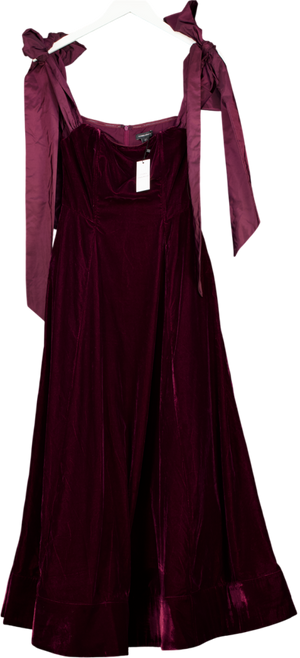 Karen Millen X Lydia Millen Burgundy Red Velvet Bardot Woven Prom Midaxi Dress With Taffeta Bow UK 6