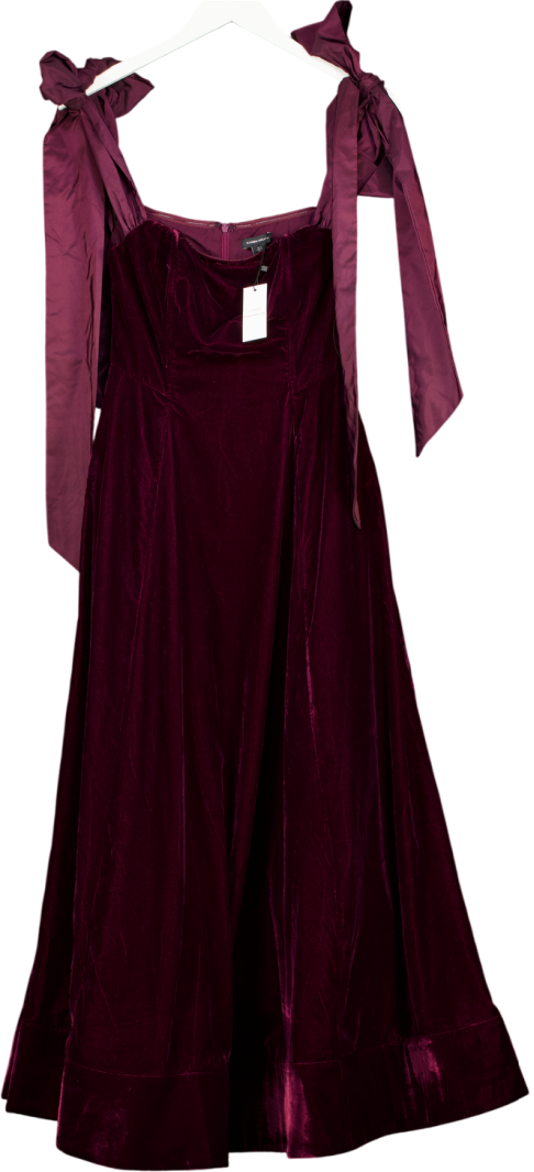 Karen Millen X Lydia Millen Burgundy Red Velvet Bardot Woven Prom Midaxi Dress With Taffeta Bow UK 6