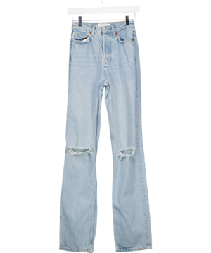 REFORMATION Blue Cynthia High Rise Straight Leg Ripped Knee Jeans W23