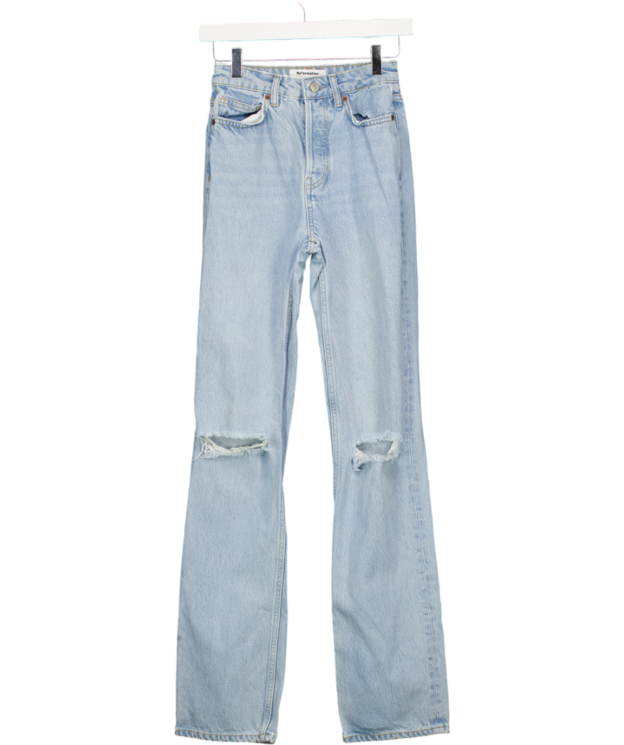 REFORMATION Blue Cynthia High Rise Straight Leg Ripped Knee Jeans W23