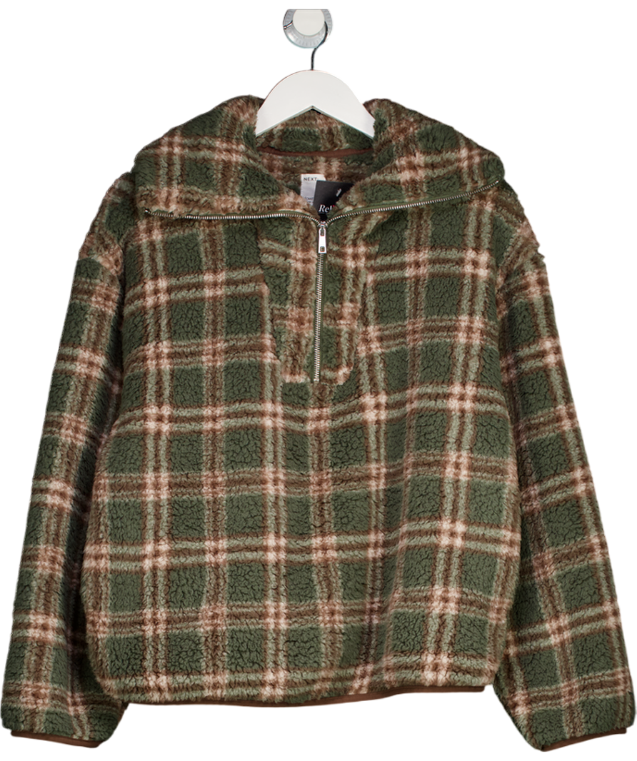 Next Green Check Borg Quarter Zip Fleece UK M