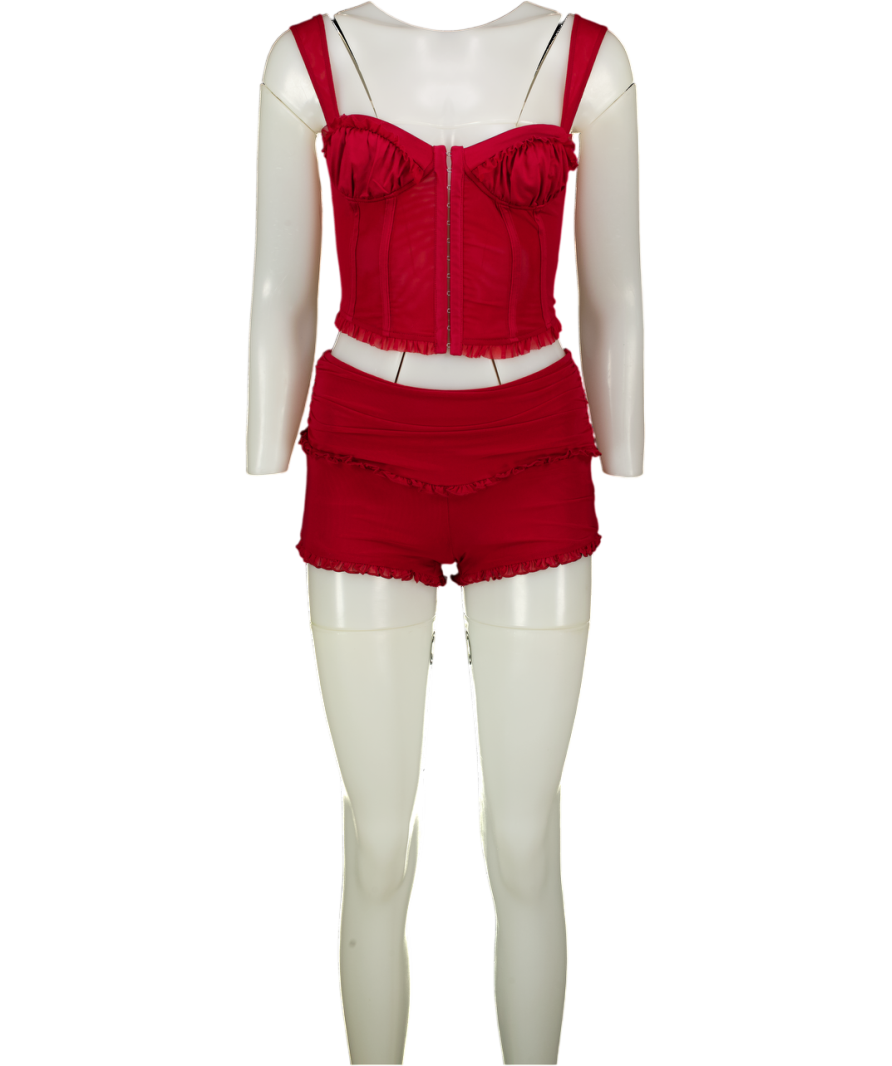 TIGER MIST 2-piece Red Mesh Corset Top And Shorts Set UK XS