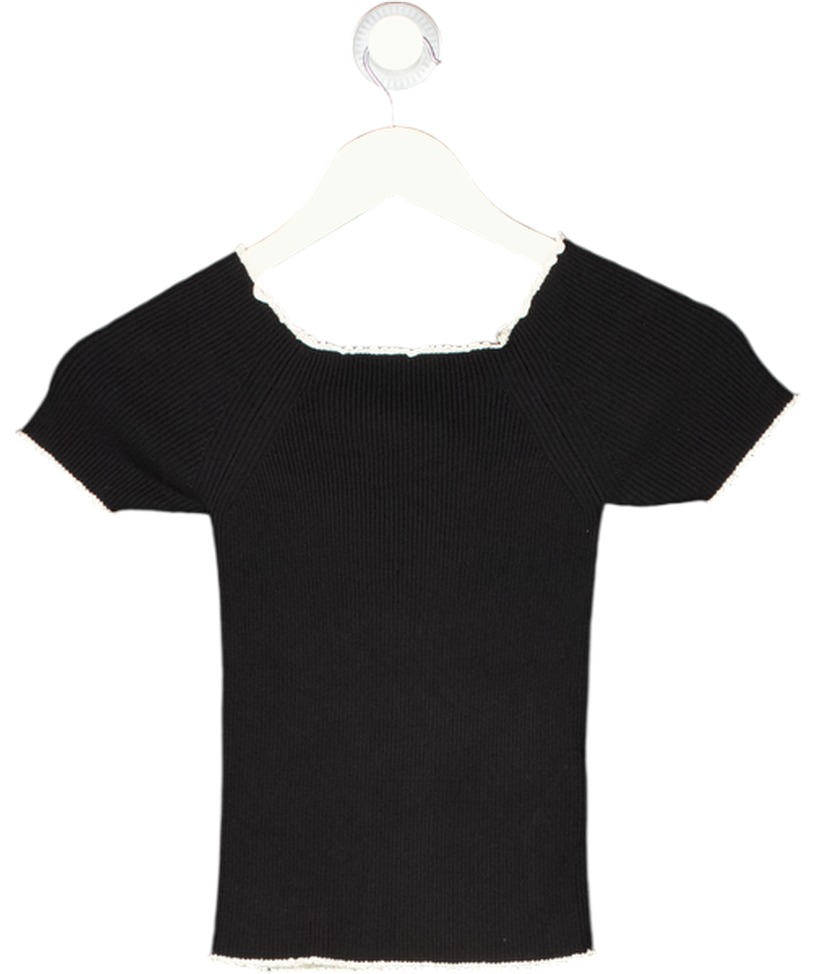 SANDRO Black Rib Knit Top With Ivory Lace Trim Sz1 UK S