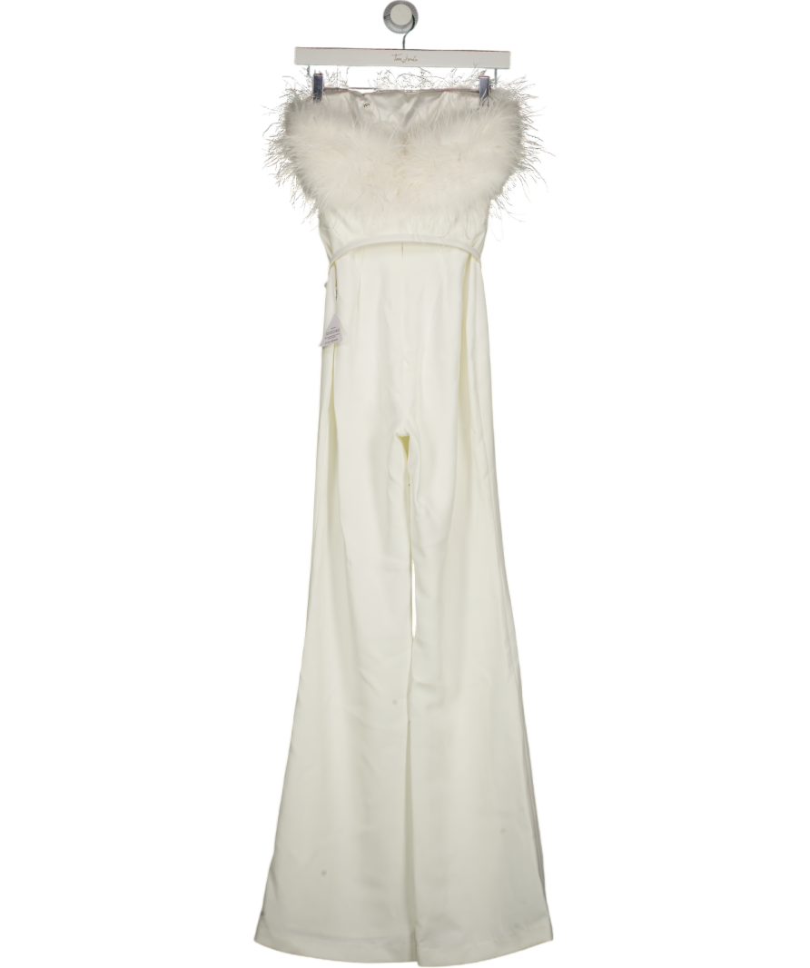 NADINE MERABI White Feather Trim Colette Bandeau Jumpsuit UK XS