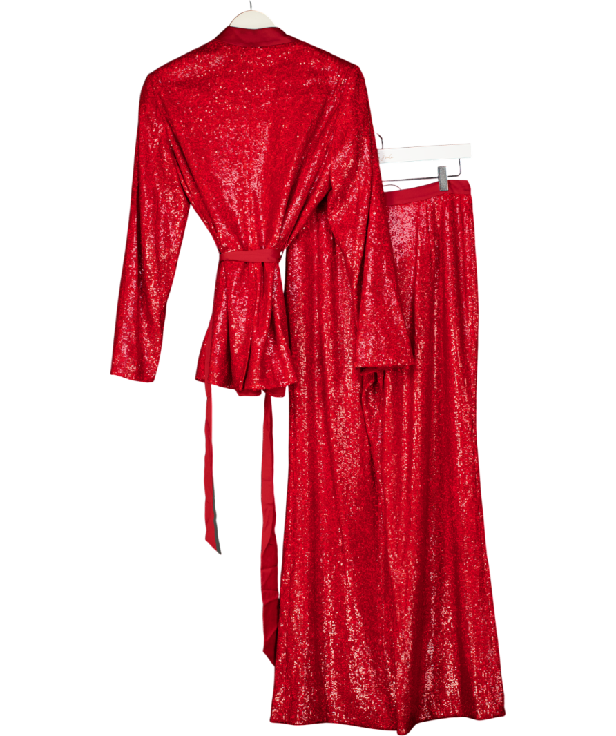 LK Bennett Shimmer Sequin Red Belted Jacket And Wide Leg Trousers UK 10