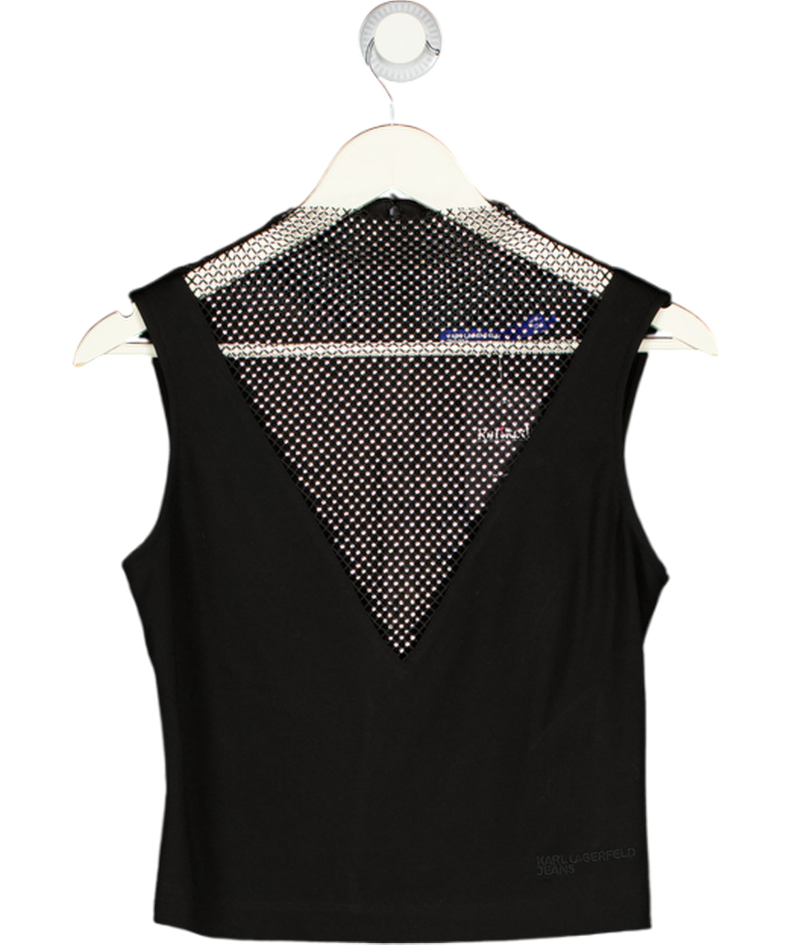KARL LAGERFELD Black Jeans V-neck Rhinestone Mesh Top UK M