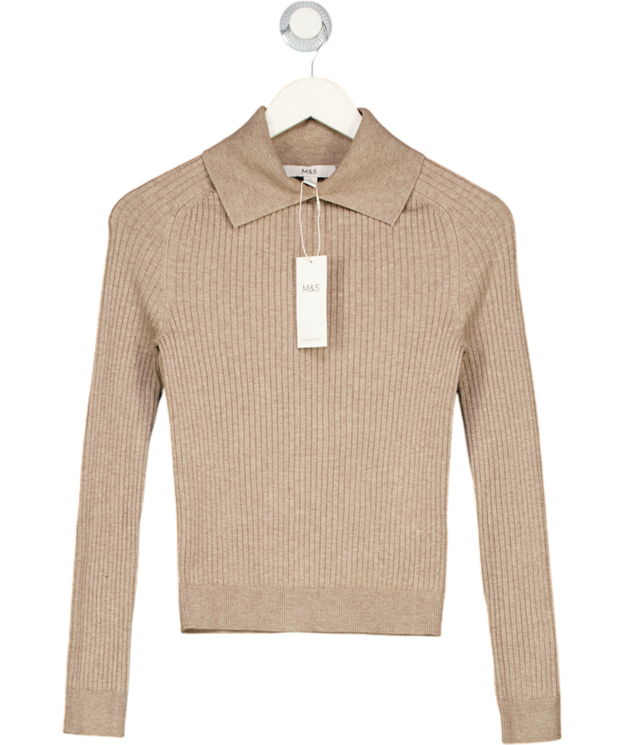 M&S Beige Ribbed Collared Slim Fit Knitted Top UK XS