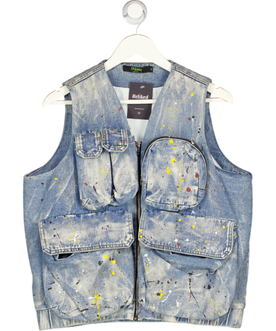 Jaded London Blue Crazy Paint Splatter Denim Utility Vest UK S