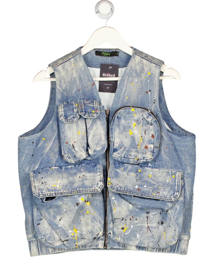 Jaded London Blue Crazy Paint Splatter Denim Utility Vest UK S