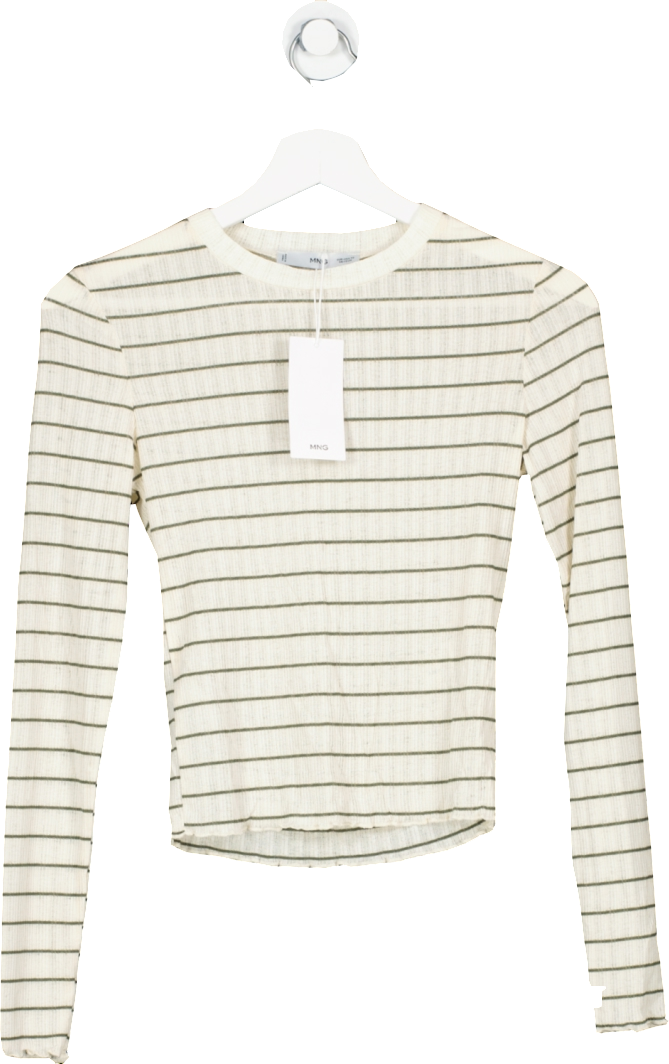MANGO Cream / Green Textured Striped T-shirt UK XS