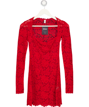 OH POLLY Red Sheer Scalloped-lace Long-sleeve Mini Dress UK XS
