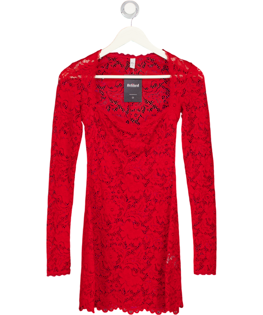 OH POLLY Red Sheer Scalloped-lace Long-sleeve Mini Dress UK XS