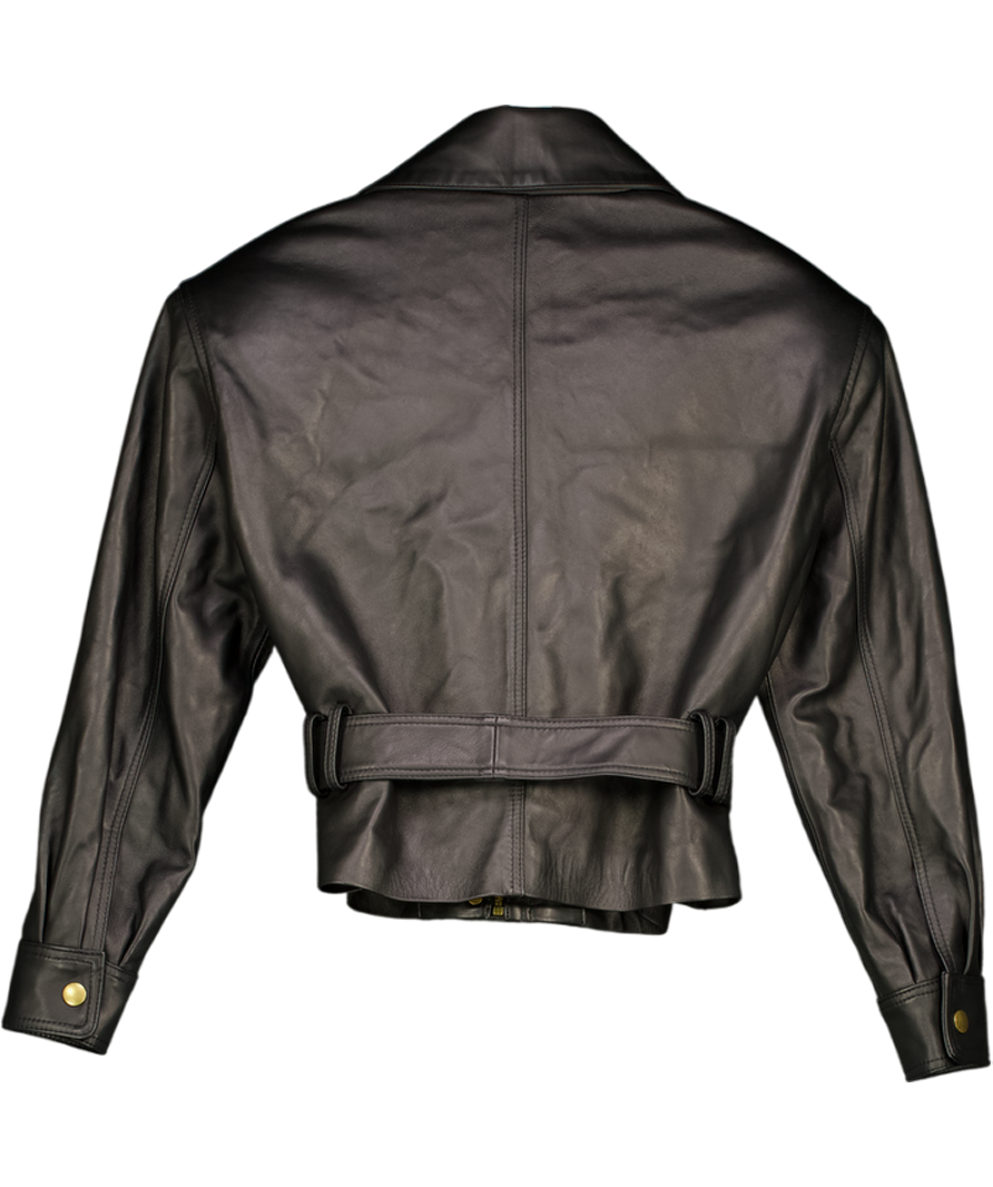DE SAVARY LONDON Black Oversize Leather Belted Jacket UK XS