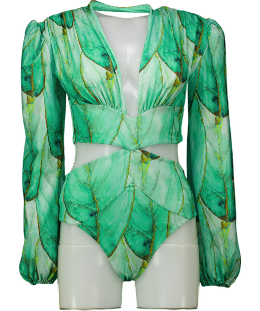SEACYCLE Green Leaf Print One-piece Long Sleeve Swimsuit UK 6