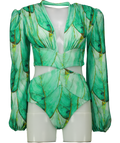 SEACYCLE Green Leaf Print One-piece Long Sleeve Swimsuit UK 6