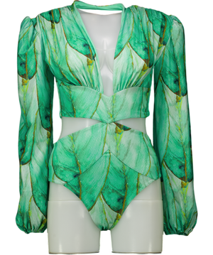 SEACYCLE Green Leaf Print One-piece Long Sleeve Swimsuit UK 6