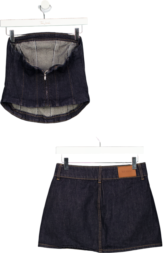 MESHKI 2-piece Strapless Blue  Denim Corset Skirt And Mini Skirt Set UK S