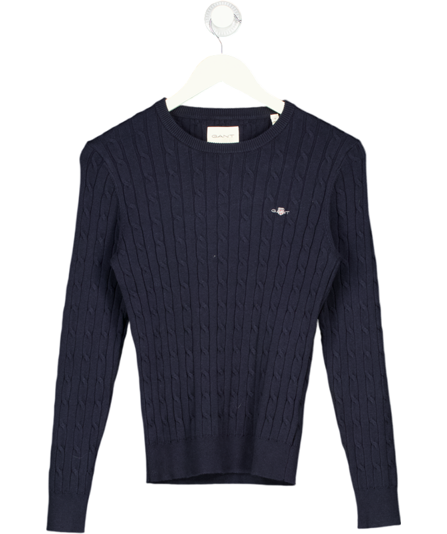 GANT Navy Blue Embroidered Logo Cotton Blend Cable Knit Crew Neck Sweater UK S