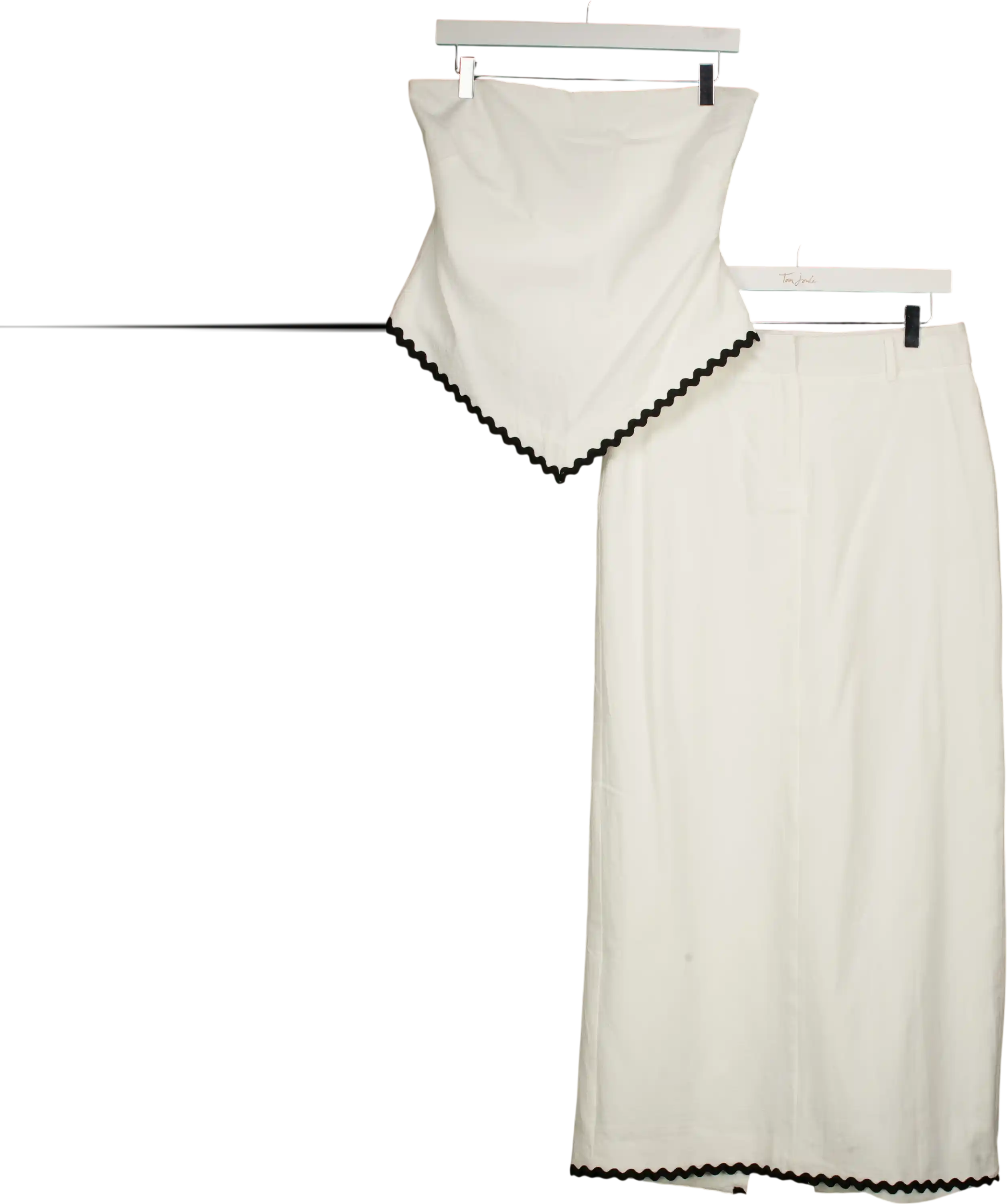 4th & Reckless White Linen Look Bandeau Envelope Hem Contrast Scallop Trim Top (uk 8)  And Maxi Skirt (uk 10) Co-ord Set UK S/M