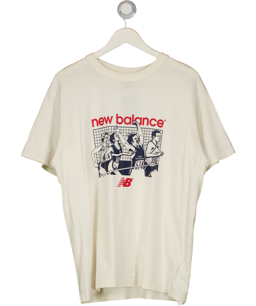 New Balance Cream Graphic Print T-shirt UK L